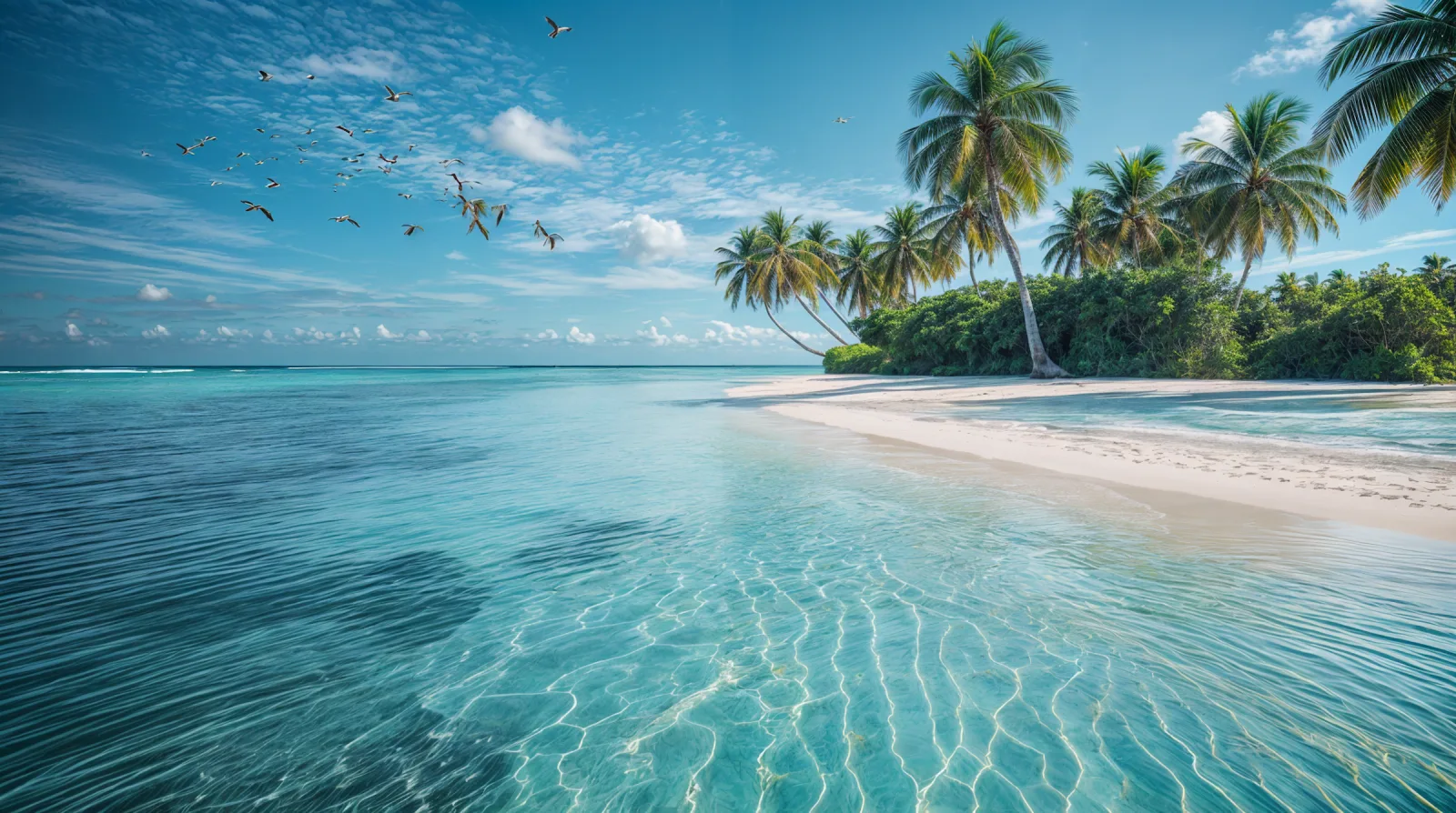 An AI-generated tropical beach: turquoise shallows, pale sand, and palms leaning over the shoreline.